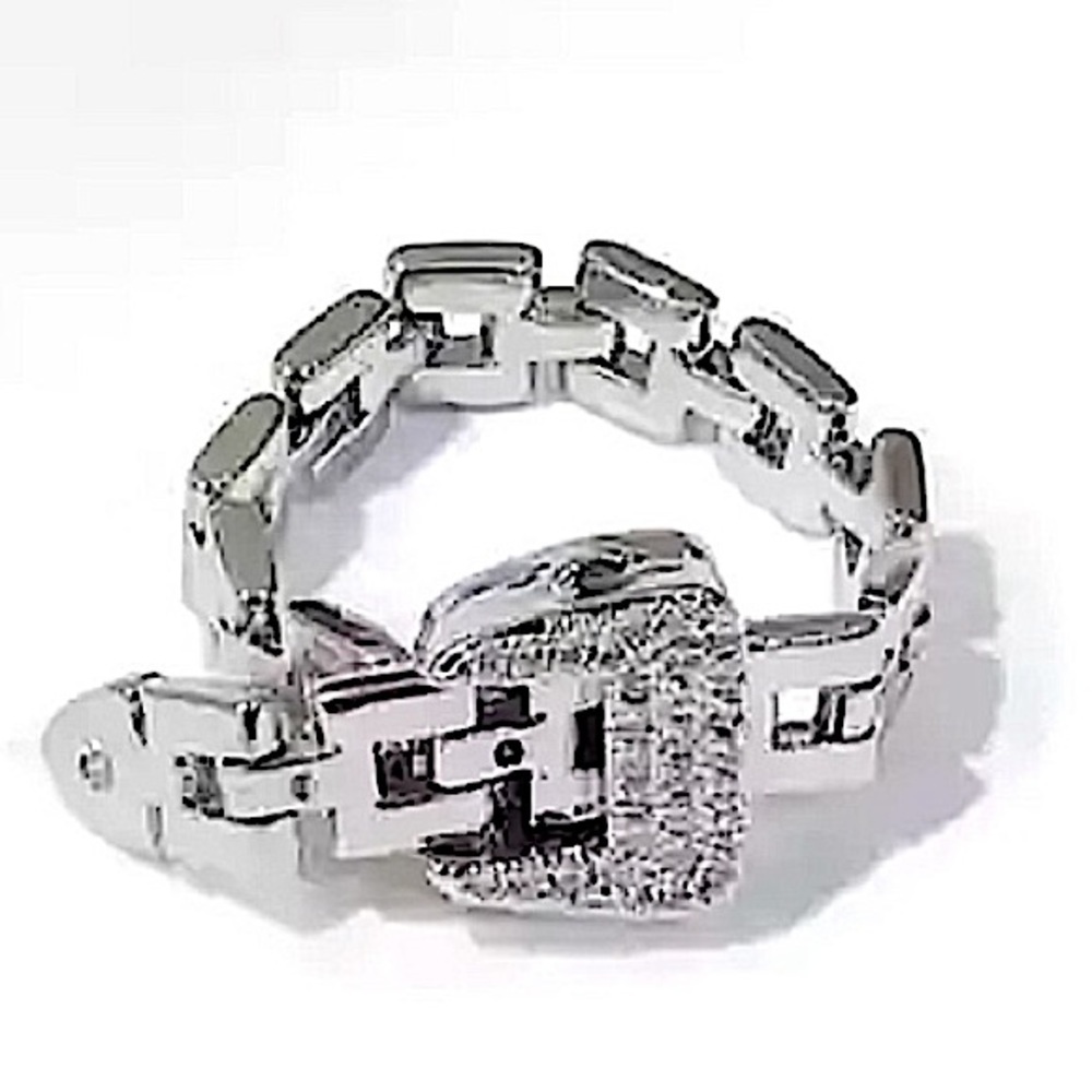 SILVER CHAIN BUCKLE RHINESTONE RING - Picture 2 of 12